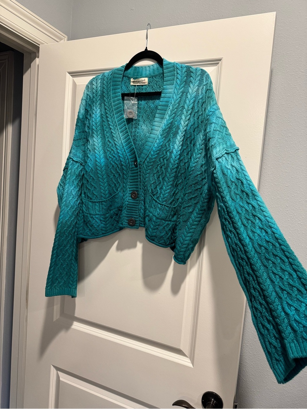 NWOT Free People Washed Ashore Cable Knit Cardi - Teal XSMALL - Picture 11 of 14